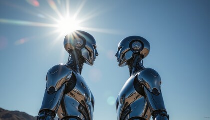 Fototapeta premium subject: two humanoid figures looking at each other with reflective metal skin, under solar flare under a bright solar flare
