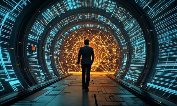 Figure in futuristic tech tunnel, walking towards glowing orb of data, digital