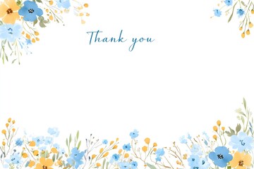 Watercolor thank you card with blue and orange flowers. Creative design for greeting card, wedding invitation, festive celebration.