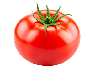Close-up view of a single, whole tomato. Isolated transparent background