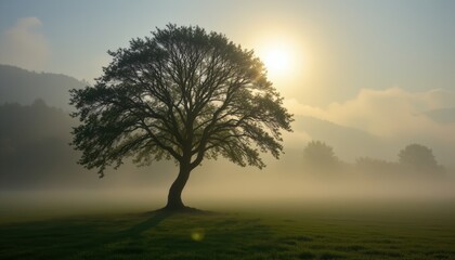 Obraz premium solitary tree in foggy landscape a solitary tree stands majestically in a misty landscape, its silhouette barely visible against the fog enveloping the scene
