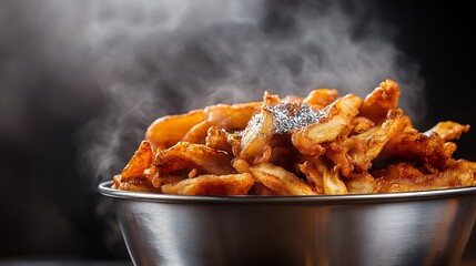 Hot and Crispy Fried Potatoes in a Metal Bowl