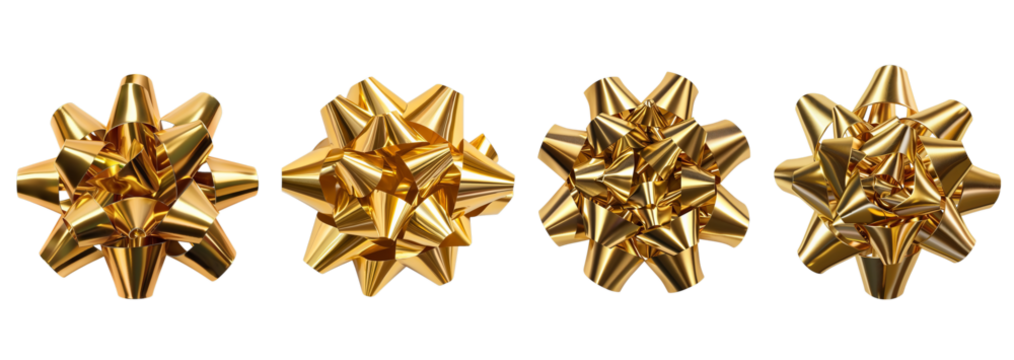 Realistic gold bow collection, isolated on white background