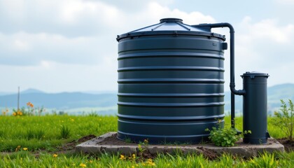 Obraz premium create an image depicting a rainwater harvesting system, featuring a water tank and filtration unit on the right side of the position