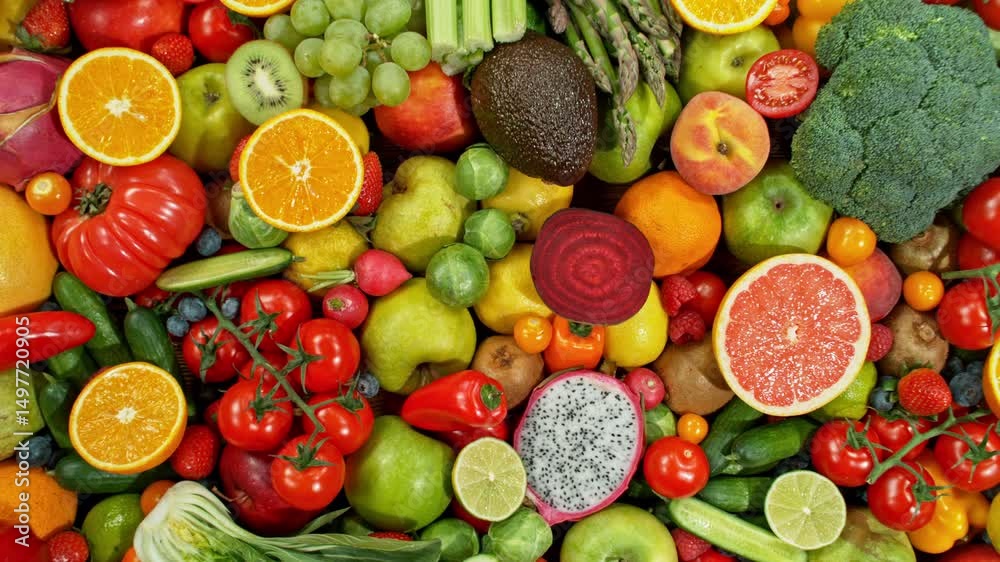 Aufkleber various kind of fresh fruits and vegetable. camera placed on motion control system. filmed on high s