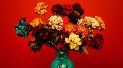 Obraz premium Vibrant Dried Flower Bouquet in Teal Vase Red Background