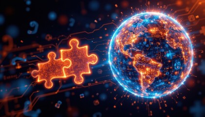 Obraz premium create a digital illustration featuring a group of glowing puzzle pieces ing together to form a digital globe