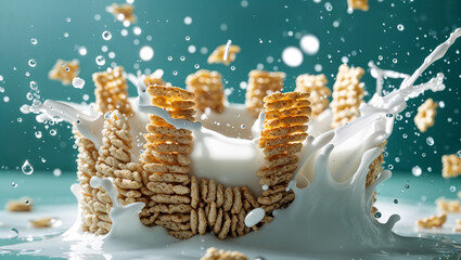 Close up of cereal pieces stacked in a square with milk splashing and water droplets around it