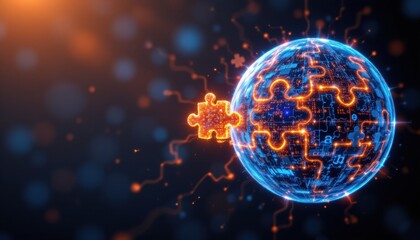 create a digital illustration featuring a group of glowing puzzle pieces ing together to form a digital globe