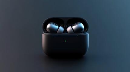 Fototapeta na wymiar Airpods in a sleek, black charging case on a dark background. Modern tech.