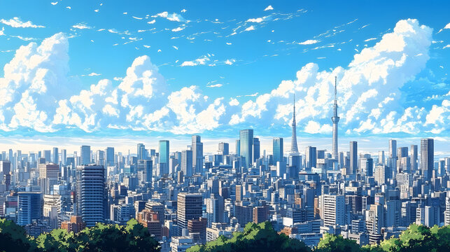 anime cityscape of tokyo skyline with skyscrapers and blue sky in cartoon style high resolution wallpaper