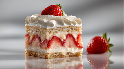 Delicious Strawberry Cream Cake Slice on White Background