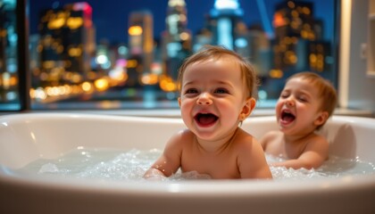 create an image featuring a baby happily playing in a bathtub under city lights, with a child laughing in the tub on the right