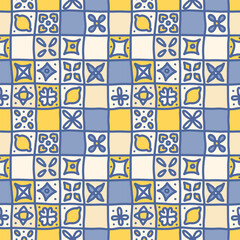 Doodle Mediterranean Amalfi Coast seamless pattern. Citrus on ceramic tile. Portuguese, Sicilian, Spanish tile traditional design. Backdrop for wrapping paper, fabric, textile. Vector illustration.