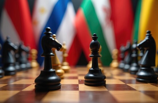 Chess pieces on chessboard, flags in background. Conceptual image of geopolitical strategy, war, conflict, international relations, power struggle. Symbol of diplomacy, competition, challenge.