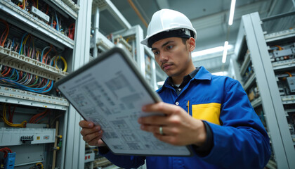 Young electrical engineer analyzes circuit designs with tablet. Working on project in modern engineering environment. Technician uses digital device for high tech industrial automation. Construction,