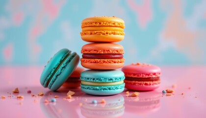 Obraz premium vibrant macarons a colorful stack of macarons rests atop a reflective surface, creating a joyful and playful atmosphere perfect for dessert enthusiasts