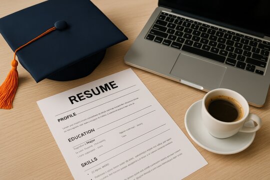 Resume on desk with coffee, laptop, and graduation cap. Concept of job search, career entry, and post-graduation preparation