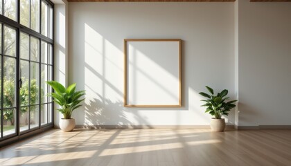 title: a serene indoor scene subject: a spacious room with large windows allowing sunlight to cast soft shadows on the blank frame and green plants within