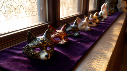 Row of Intricate Venetian Fox Masks Displayed on Purple Fabric Against Frosted Window with Natural Light