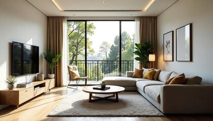 Fototapeta premium Stylish living room interior with modern furniture, large windows, and natural light Perfect for home decor inspiration Cozy and elegant design , apartment, home sweet home