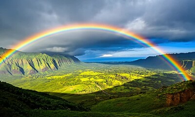 Majestic Double Rainbow Arcing Over Lush Green Valley and Mountains - Powered by Adobe