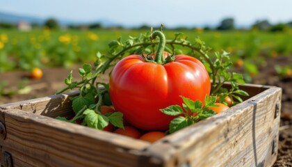 organic tomato in a wooden box on the field   horizontal orientation.