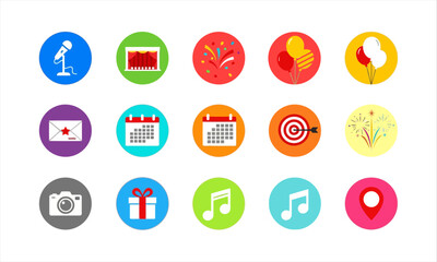Party, and Celebration Flat Icons Set : microphone, stage, confetti, balloons, invitation, calendar, target, fireworks, camera, gift, music, and location symbols.