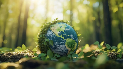 Moss and leaf-covered green planet Earth resting on grass, sunrays highlighting environmental awareness and global ecosystems, with colorful land and ocean textures symbolizing nature’s diversity.