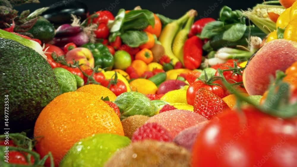 Aufkleber various kind of fresh fruits and vegetable. camera placed on motion control system. filmed on high s