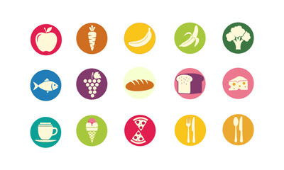 A vibrant collection of fifteen circular icons representing various food groups and mealtime elements, ideal for nutrition, diet, and healthy eating themes.