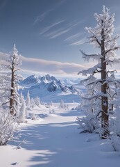 Obraz premium Snow-covered trees, ice cap, distant research outpost, aurora , cold, northern lights