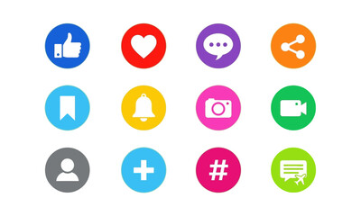 Social Media and UI Interface Icons Set. including like, heart, comment, share, bookmark, notification, camera, video, profile, add, hashtag, and chat.