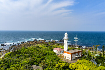 Mid-Range Aerial View of Nojimazaki Lighthouse and Rugged Coastline, Chiba, Japan