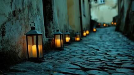 Lanterns illuminate a quiet cobblestone street in an old European town.