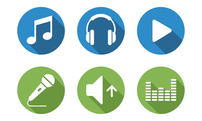 Set of six modern, flat design circular music icons in blue and green, featuring common audio symbols like a musical note, headphones, play button, microphone, speaker, and equalizer.