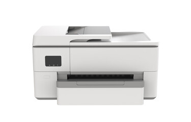 Compact laser home printer. Modern white printer with paper tray open. Printer fax machine fax laser printer scanner computer printer