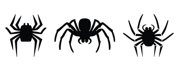 Set of Black Spider Vector Silhouettes – Creepy Insect Icons for Halloween, Nature, or Horror Designs Transparent on White Background