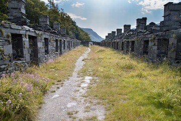 Abandoned slate quarry buildings in Wales.