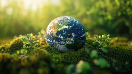 Moss and leaf-covered green planet Earth resting on grass, sunrays highlighting environmental awareness and global ecosystems, with colorful land and ocean textures symbolizing nature’s diversity.Moss