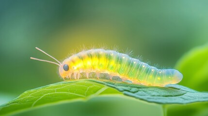 Fototapeta premium Translucent Caterpillar with Glowing Skin on Leaf in Nature Setting