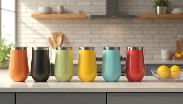 Colorful stainless steel tumblers lined up on kitchen counter. Modern design, vibrant hues. Insulated travel mugs, cold hot beverages. Hydratation, lifestyle, refreshment, healthy. Clean, minimalist,