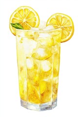 Fresh lemonade served in tall glass with ice cubes, lemon slices, and mint sprig