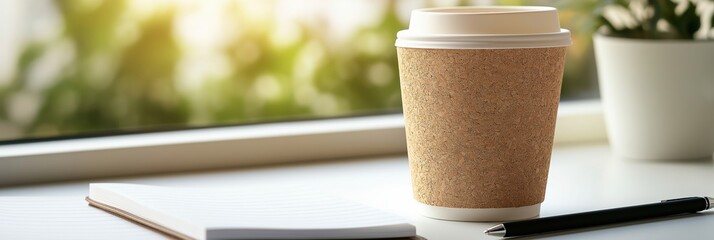 Coffee cup on desk with notebook and pen, cozy workspace setting