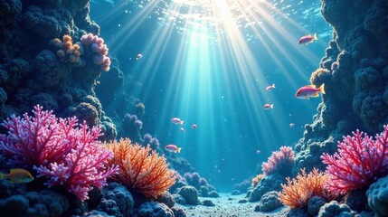 Fototapeta premium Radiant Sunlight Illuminates Vibrant Coral Reef Ecosystem with Colorful Fish