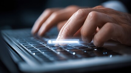 Close Up Hands Typing On Laptop Keyboard With Glowing Search Bar