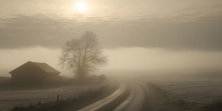 Misty Morning Rural Scene Farmhouse Foggy Road Winter Tree