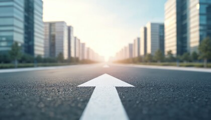 Obraz premium Asphalt road with white arrow leads towards modern city buildings career development business goals, achievements, progress, future. Image represents career planning, financial milestones, target,