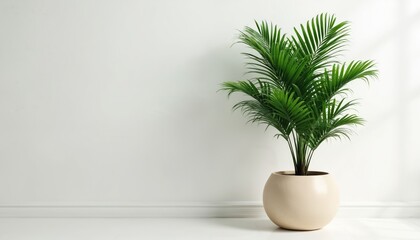Modern indoor plant in beige pot stands against white wall. Green foliage adds fresh touch to interior decor. Minimalist design. Houseplant brings nature indoors, creates relaxing vibes. Perfect for