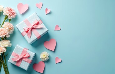 Mother Day concept. Top view of gifts with pink ribbons, carnation flowers, pink paper hearts on pastel blue background. Empty space for text or advert. Romantic holiday concept, love and care.